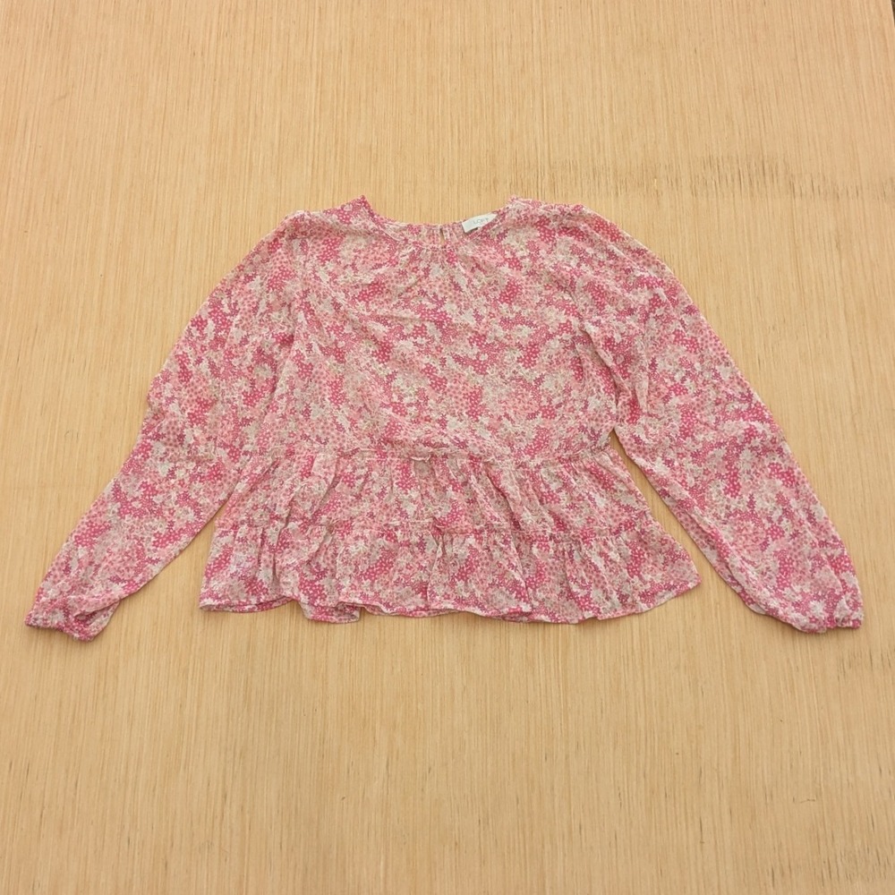LOFT Outlet Blouse Sheer Pink Floral Tiered Ruffle Peplum Boho Top Women's Small